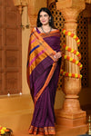 Gaurangi ~ Pure Cotton Saree in Regal Salient Purple with Exclusive Zari Border & Pallu - verymuchindian.com
