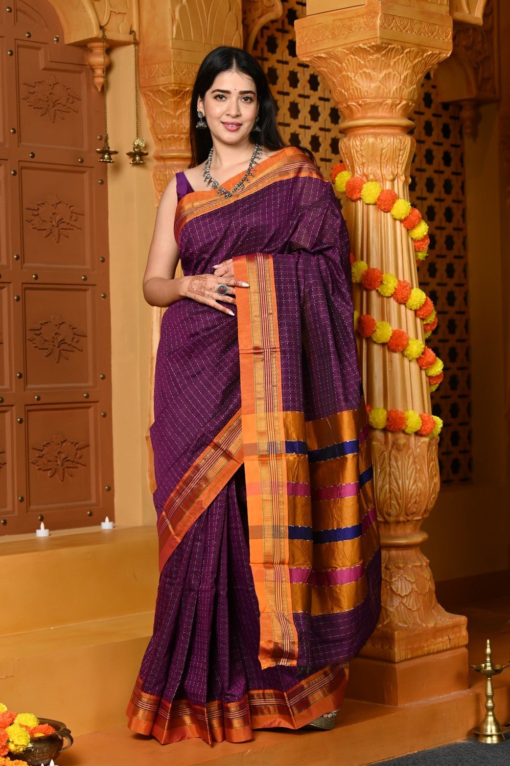 Gaurangi ~ Pure Cotton Saree in Regal Salient Purple with Exclusive Zari Border & Pallu - verymuchindian.com