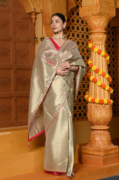 Gaurangi ~ Tissue Saree with Hand-Embroidered Gota Patti in Classy Golden - verymuchindian.com