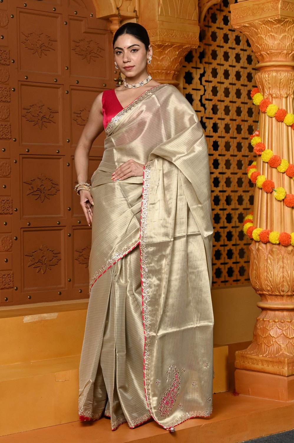 Gaurangi ~ Tissue Saree with Hand-Embroidered Gota Patti in Classy Golden - verymuchindian.com