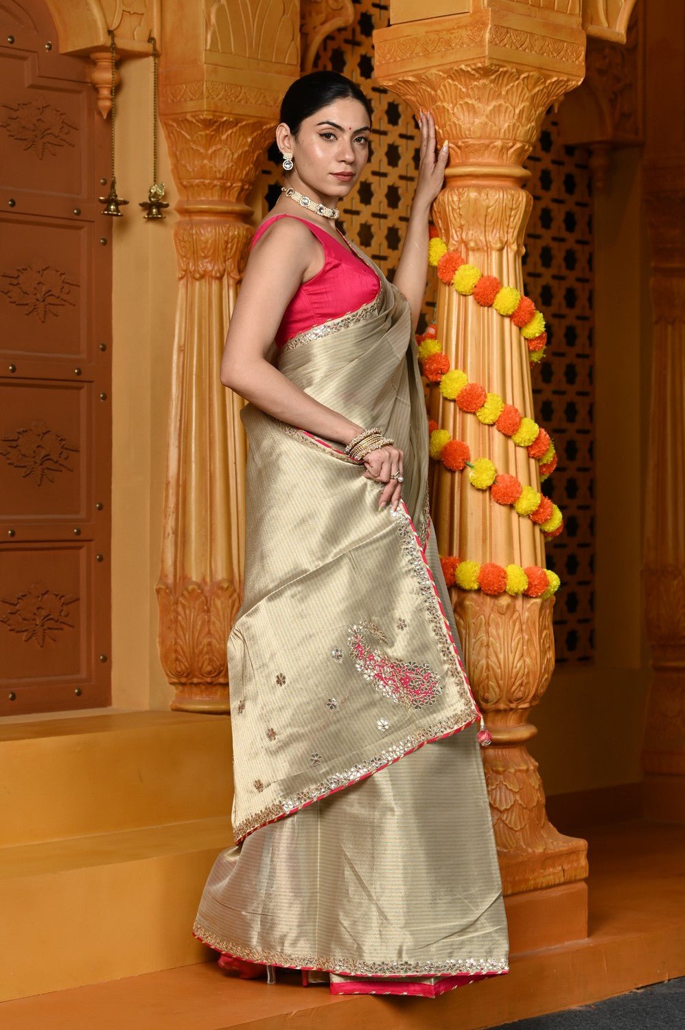 Gaurangi ~ Tissue Saree with Hand-Embroidered Gota Patti in Classy Golden - verymuchindian.com
