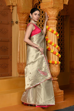 Gaurangi ~ Tissue Saree with Hand-Embroidered Gota Patti in Classy Golden - verymuchindian.com