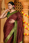 Gaurangi ~ Viscose Hand-dyed Handblock Saree in Brown Green - verymuchindian.com