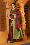 Gaurangi ~ Viscose Hand-dyed Handblock Saree in Brown Green - verymuchindian.com