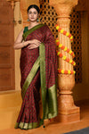 Gaurangi ~ Viscose Hand-dyed Handblock Saree in Brown Green - verymuchindian.com