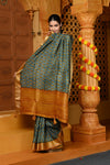 Gaurangi ~ Viscose Hand-dyed Handblock Saree in Sage Green Yellow - verymuchindian.com