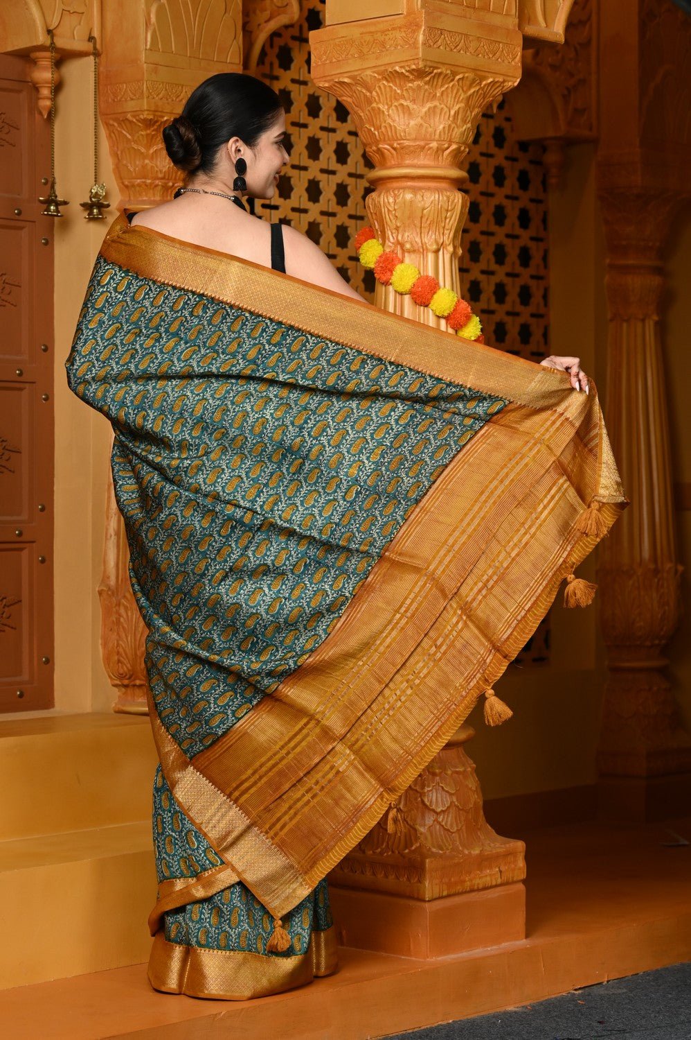 Gaurangi ~ Viscose Hand-dyed Handblock Saree in Sage Green Yellow - verymuchindian.com