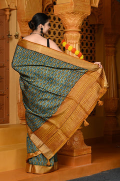Gaurangi ~ Viscose Hand-dyed Handblock Saree in Sage Green Yellow - verymuchindian.com