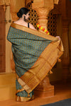 Gaurangi ~ Viscose Hand-dyed Handblock Saree in Sage Green Yellow - verymuchindian.com