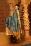 Gaurangi ~ Viscose Hand-dyed Handblock Saree in Sage Green Yellow - verymuchindian.com