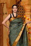 Gaurangi ~ Viscose Hand-dyed Handblock Saree in Sage Green Yellow - verymuchindian.com
