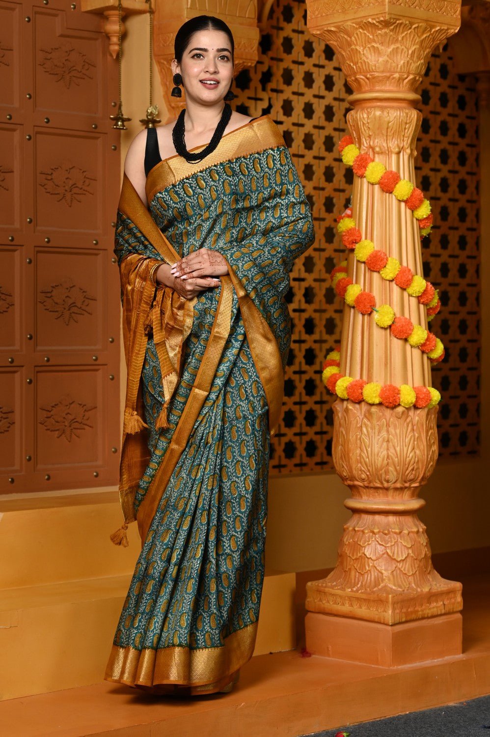 Gaurangi ~ Viscose Hand-dyed Handblock Saree in Sage Green Yellow - verymuchindian.com