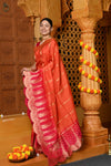 Gaurangi ~ Viscose Hand-dyed Rangkaath Saree with Cut Work Border in Orange Pink - verymuchindian.com