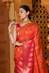Gaurangi ~ Viscose Hand-dyed Rangkaath Saree with Cut Work Border in Orange Pink - verymuchindian.com