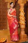 Gaurangi ~ Viscose Hand-dyed Rangkaath Saree with Cut Work Border in Orange Pink - verymuchindian.com