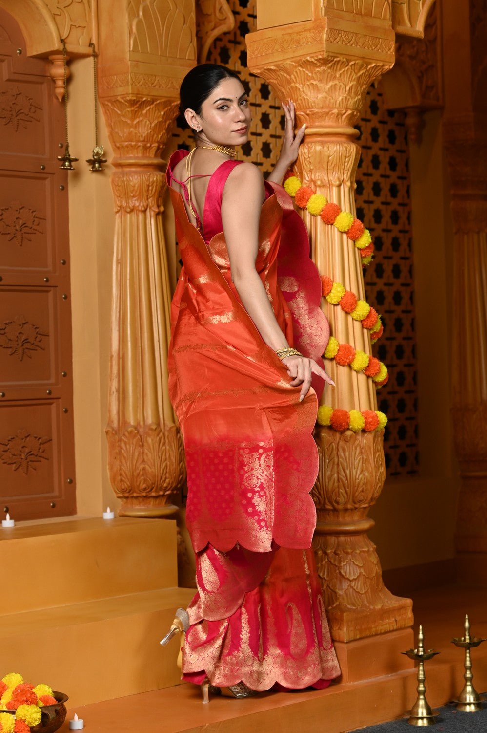Gaurangi ~ Viscose Hand-dyed Rangkaath Saree with Cut Work Border in Orange Pink - verymuchindian.com