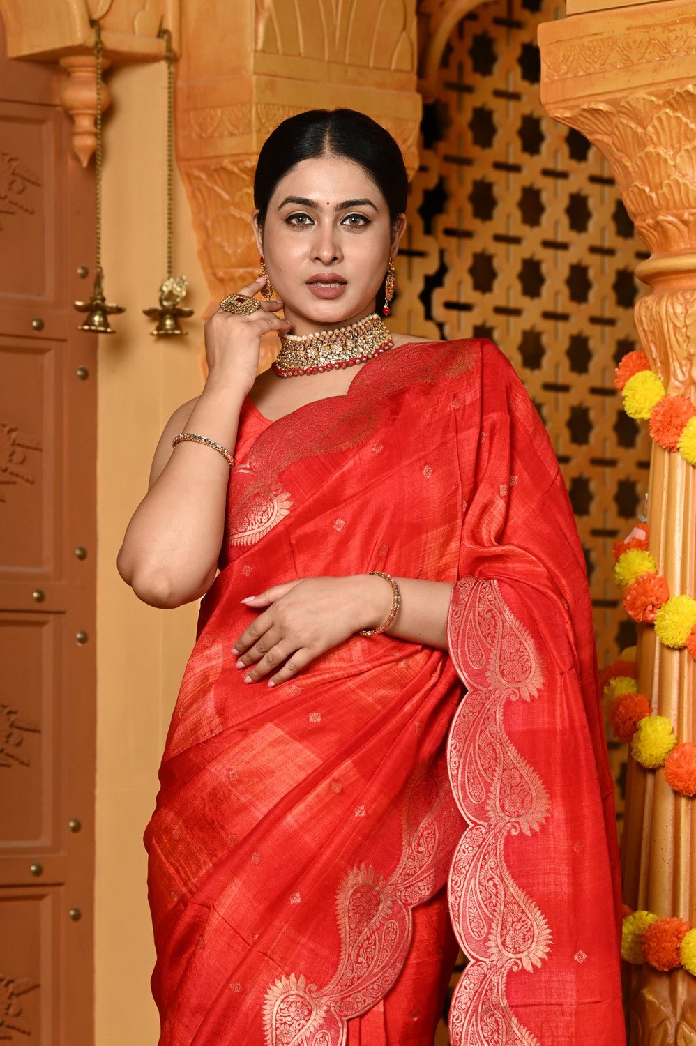 Gaurangi ~ Viscose Hand-dyed Rangkaath Saree with Cut Work Border in Red - verymuchindian.com