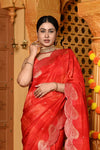 Gaurangi ~ Viscose Hand-dyed Rangkaath Saree with Cut Work Border in Red - verymuchindian.com