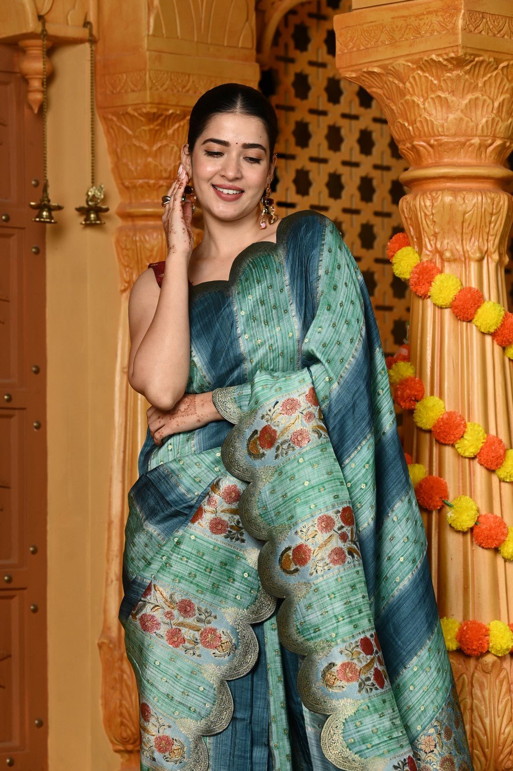 Gaurangi ~ Viscose Hand-dyed Rangkaath Saree with Cut Work Border in Sky Blue - verymuchindian.com