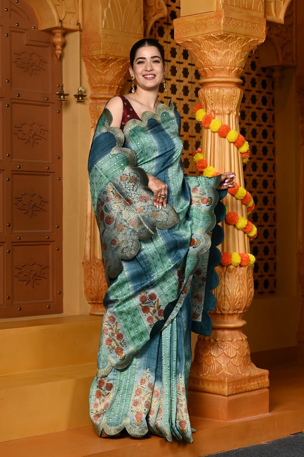 Gaurangi ~ Viscose Hand-dyed Rangkaath Saree with Cut Work Border in Sky Blue - verymuchindian.com