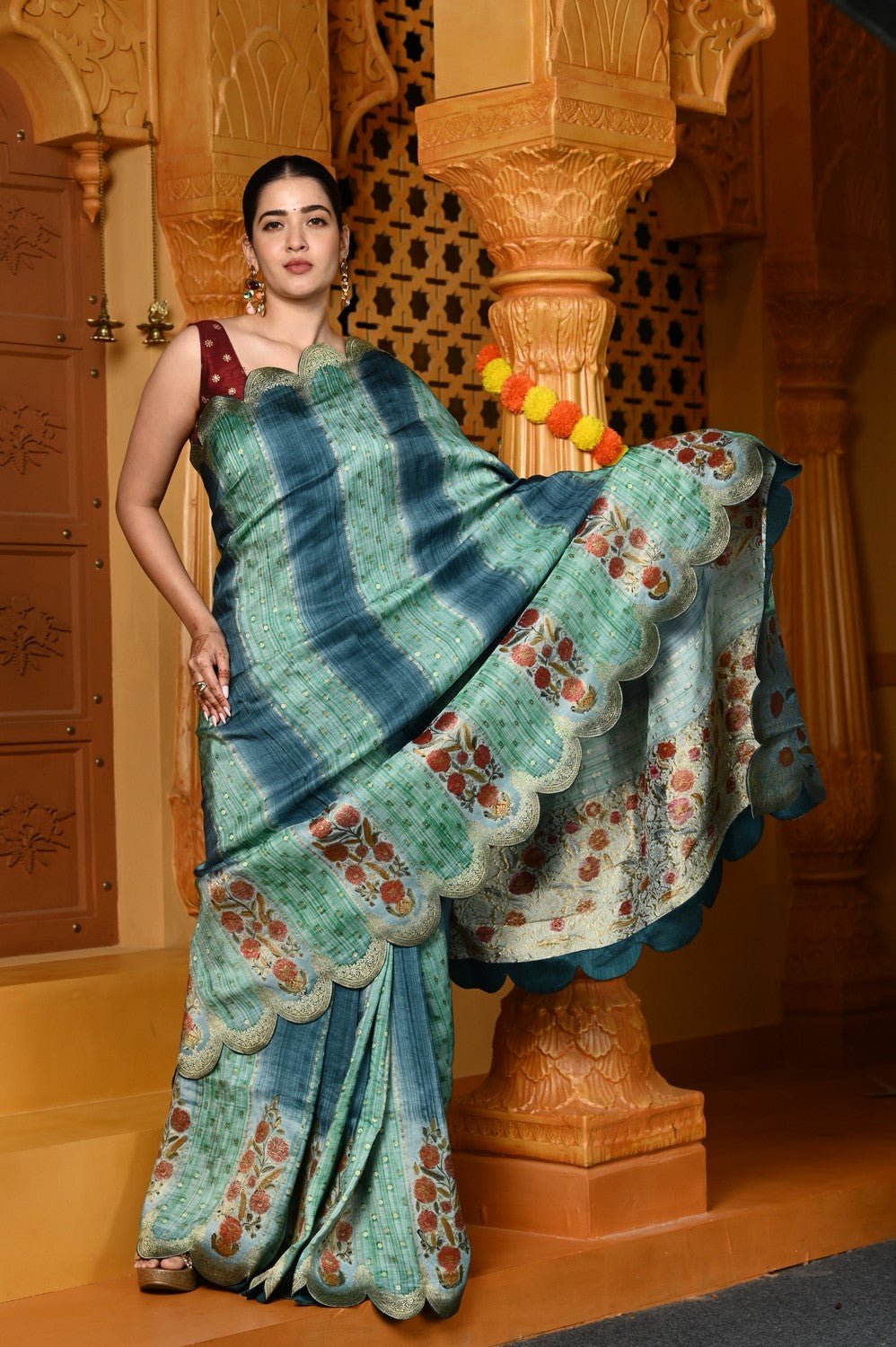 Gaurangi ~ Viscose Hand-dyed Rangkaath Saree with Cut Work Border in Sky Blue - verymuchindian.com