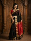 Gaurangi~Handloom Cotton Silk Saree with Antique Gold Zari Border in Charcoal Black & Red - verymuchindian.com