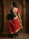 Gaurangi~Handloom Cotton Silk Saree with Antique Gold Zari Border in Charcoal Black & Red - verymuchindian.com