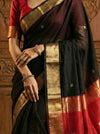Gaurangi~Handloom Cotton Silk Saree with Antique Gold Zari Border in Charcoal Black & Red - verymuchindian.com