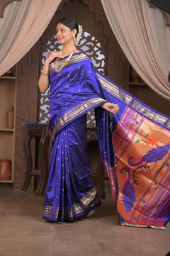 Gauri Chandrakor ~ Handloom Pure Silk Paithani with Fancy Peacock Pallu in Royal Blue - verymuchindian.com