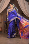 Gauri Chandrakor ~ Handloom Pure Silk Paithani with Fancy Peacock Pallu in Royal Blue - verymuchindian.com