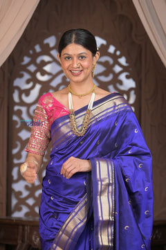 Gauri Chandrakor ~ Handloom Pure Silk Paithani with Fancy Peacock Pallu in Royal Blue - verymuchindian.com