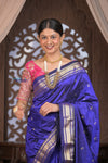 Gauri Chandrakor ~ Handloom Pure Silk Paithani with Fancy Peacock Pallu in Royal Blue - verymuchindian.com