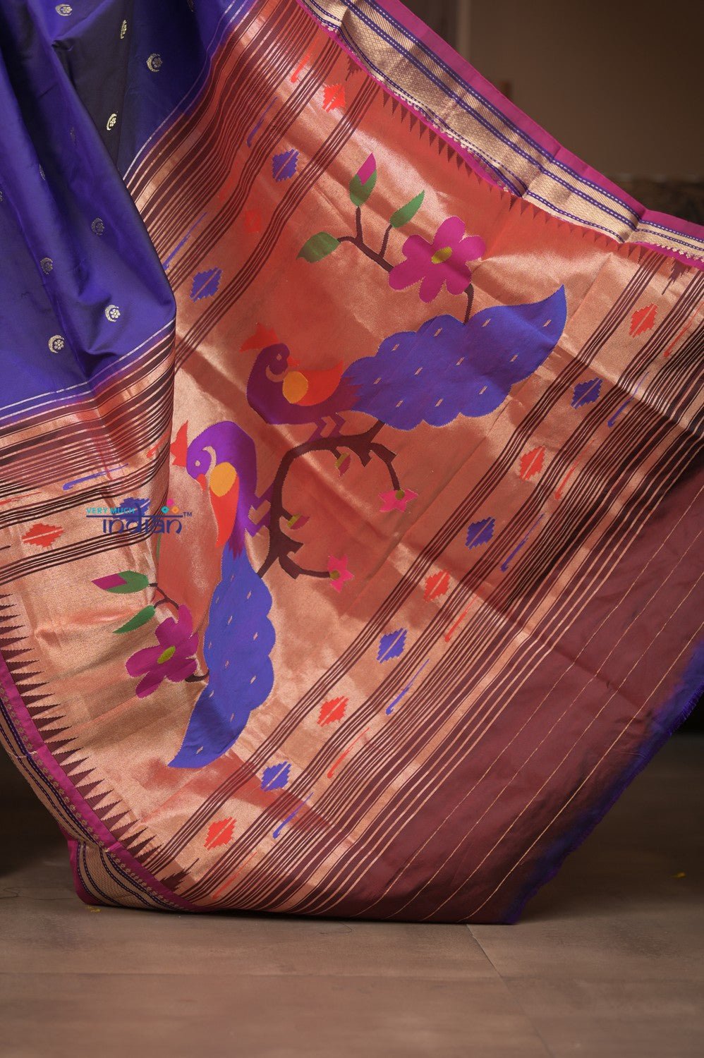 Gauri Chandrakor ~ Handloom Pure Silk Paithani with Fancy Peacock Pallu in Royal Blue and Purple - verymuchindian.com