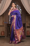 Gauri Chandrakor ~ Handloom Pure Silk Paithani with Fancy Peacock Pallu in Royal Blue and Purple - verymuchindian.com