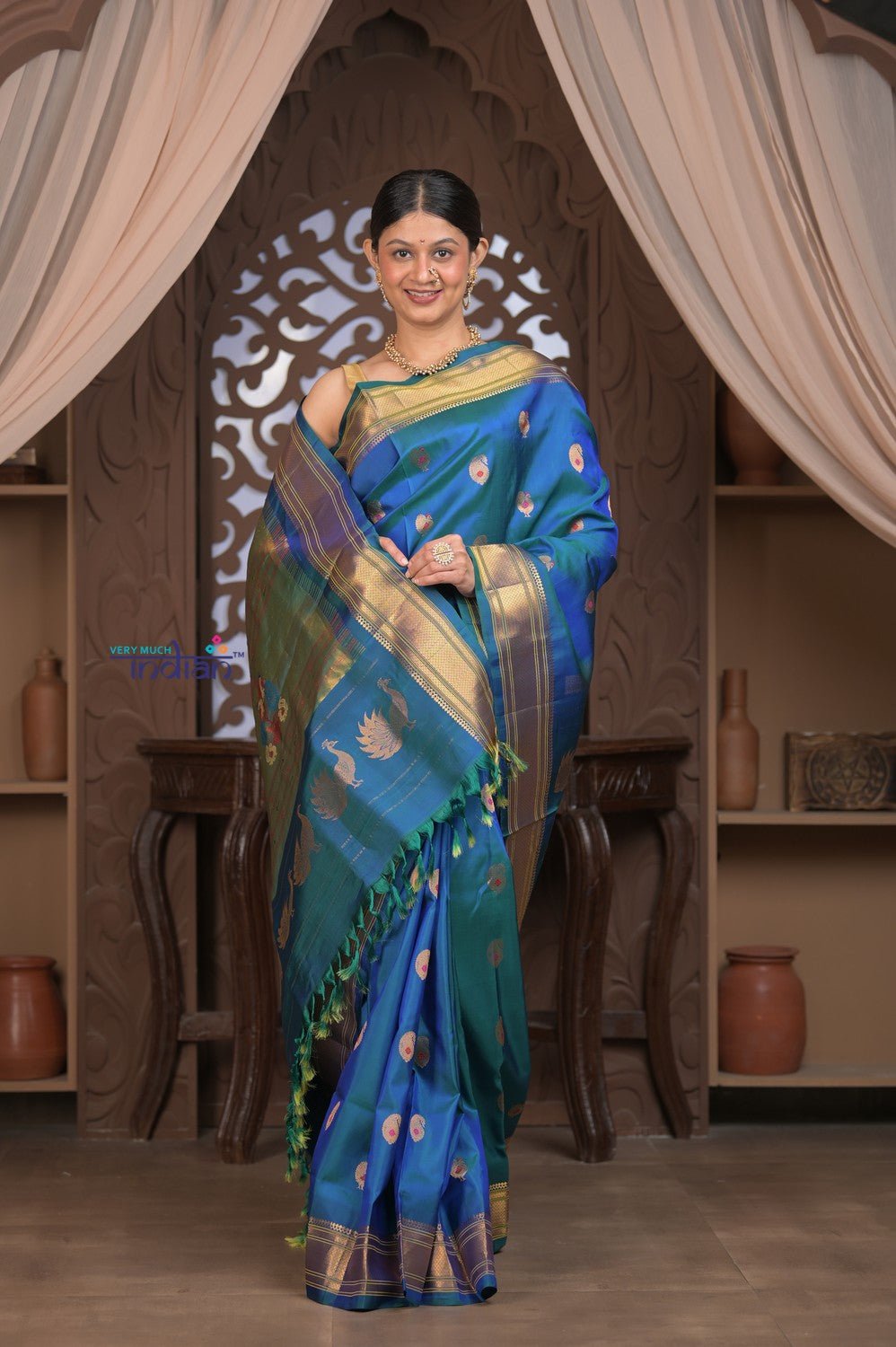 Gauri ~ Handloom Pure Silk Maharani Paithani with Maharani Pallu in Azure Blue - verymuchindian.com