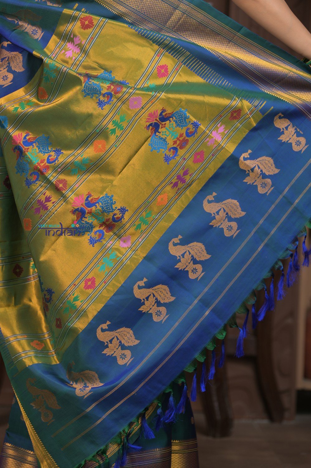 Gauri ~ Handloom Pure Silk Maharani Paithani with Maharani Pallu in Azure Blue and Green - verymuchindian.com