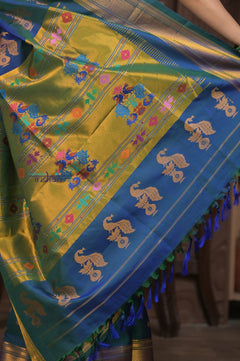 Gauri ~ Handloom Pure Silk Maharani Paithani with Maharani Pallu in Azure Blue and Green - verymuchindian.com