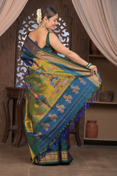Gauri ~ Handloom Pure Silk Maharani Paithani with Maharani Pallu in Azure Blue and Green - verymuchindian.com