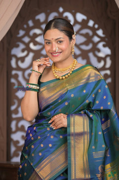Gauri ~ Handloom Pure Silk Maharani Paithani with Maharani Pallu in Azure Blue and Green - verymuchindian.com