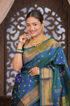 Gauri ~ Handloom Pure Silk Maharani Paithani with Maharani Pallu in Azure Blue and Green - verymuchindian.com