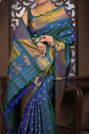 Gauri ~ Handloom Pure Silk Maharani Paithani with Maharani Pallu in Azure Blue and Green - verymuchindian.com