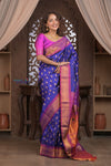 Gauri ~ Handloom Pure Silk Maharani Paithani with Maharani Pallu in Royal Blue and Pink - verymuchindian.com