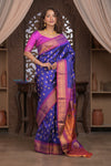 Gauri ~ Handloom Pure Silk Maharani Paithani with Maharani Pallu in Royal Blue and Pink - verymuchindian.com
