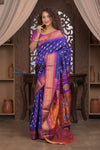 Gauri ~ Handloom Pure Silk Maharani Paithani with Maharani Pallu in Royal Blue and Pink - verymuchindian.com
