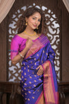 Gauri ~ Handloom Pure Silk Maharani Paithani with Maharani Pallu in Royal Blue and Pink - verymuchindian.com