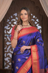 Gauri ~ Handloom Pure Silk Maharani Paithani with Maharani Pallu in Royal Blue and Rani Pink - verymuchindian.com