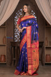 Gauri ~ Handloom Pure Silk Maharani Paithani with Maharani Pallu in Royal Blue and Rani Pink - verymuchindian.com