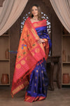 Gauri ~ Handloom Pure Silk Maharani Paithani with Maharani Pallu in Royal Blue and Rani Pink - verymuchindian.com