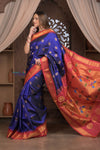 Gauri ~ Handloom Pure Silk Maharani Paithani with Maharani Pallu in Royal Blue and Rani Pink - verymuchindian.com