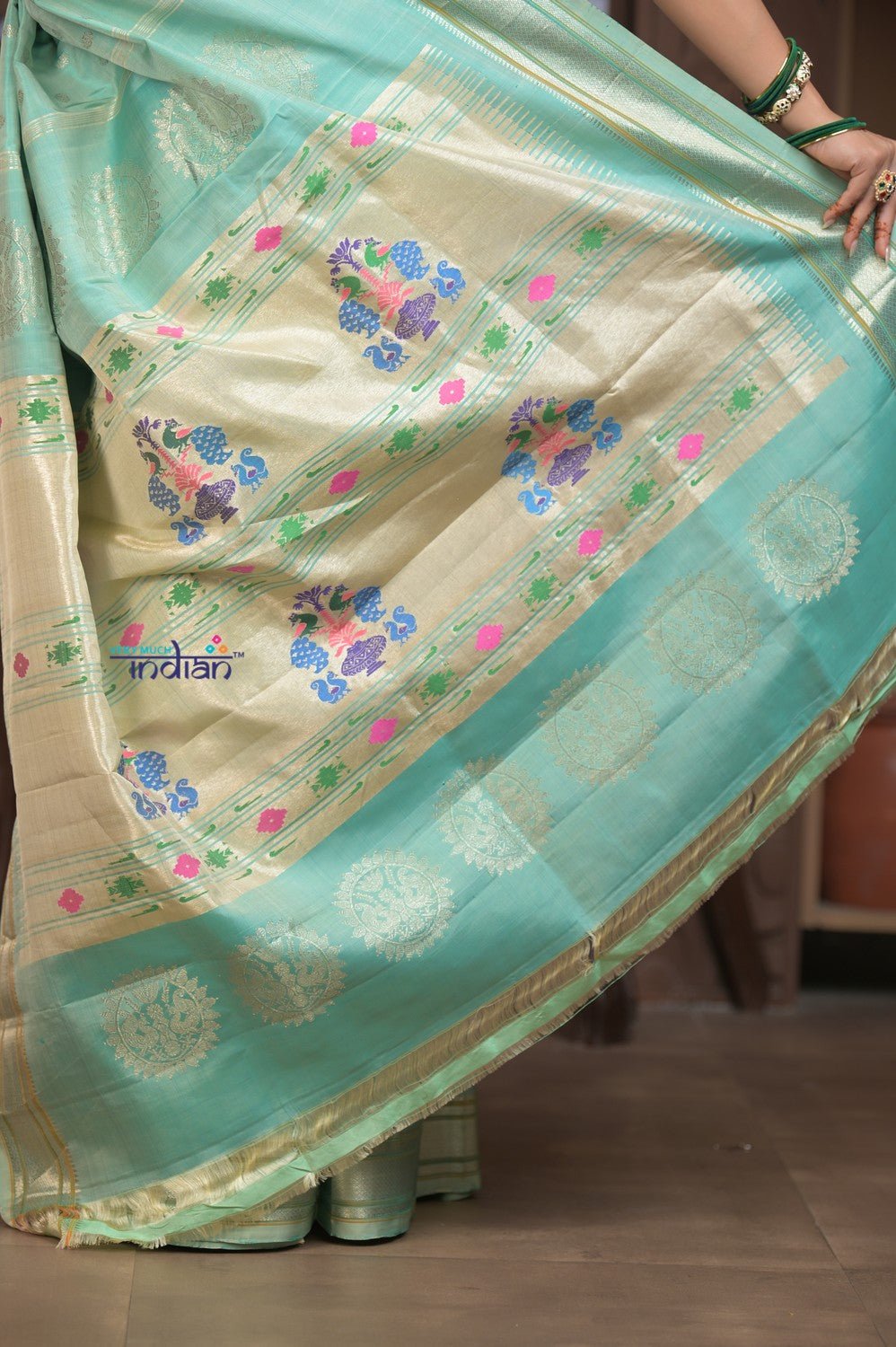 Gauri ~ Handloom Pure Silk Maharani Paithani with Maharani Pallu in Sea Green - verymuchindian.com